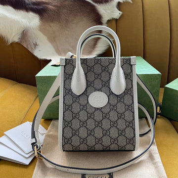 Mini Tote 20 Bag In Beige Canvas And White Calfskin