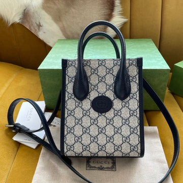Mini Tote 20 Bag In Beige Canvas And Black Calfskin