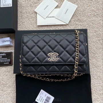 CC Classic Woc 20CM Black Grained Calfskin Diamond Gold Hardware