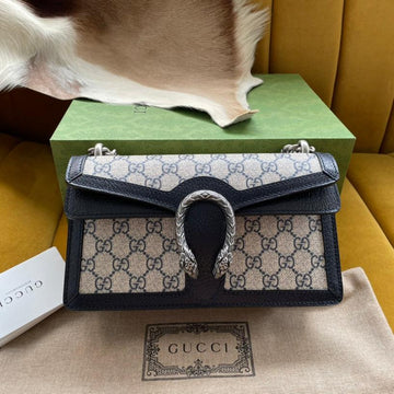 Dyonysus Shoulder Bag 25 In Beige Jacquard Fabric And Black Calfskin Trim Silver Hardware