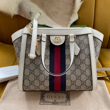GG Ophidia 24 Tote In Beige Canvas And White Calfskin