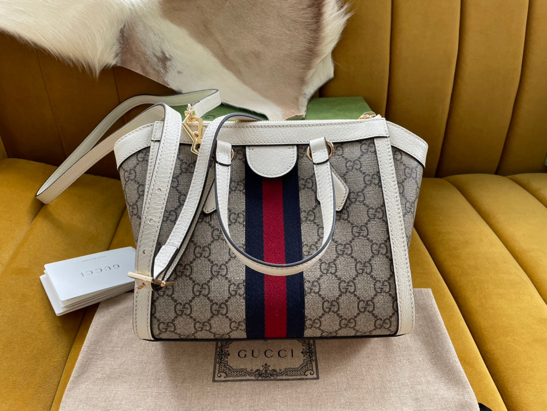 GG Ophidia 24 Tote In Beige Canvas And White Calfskin