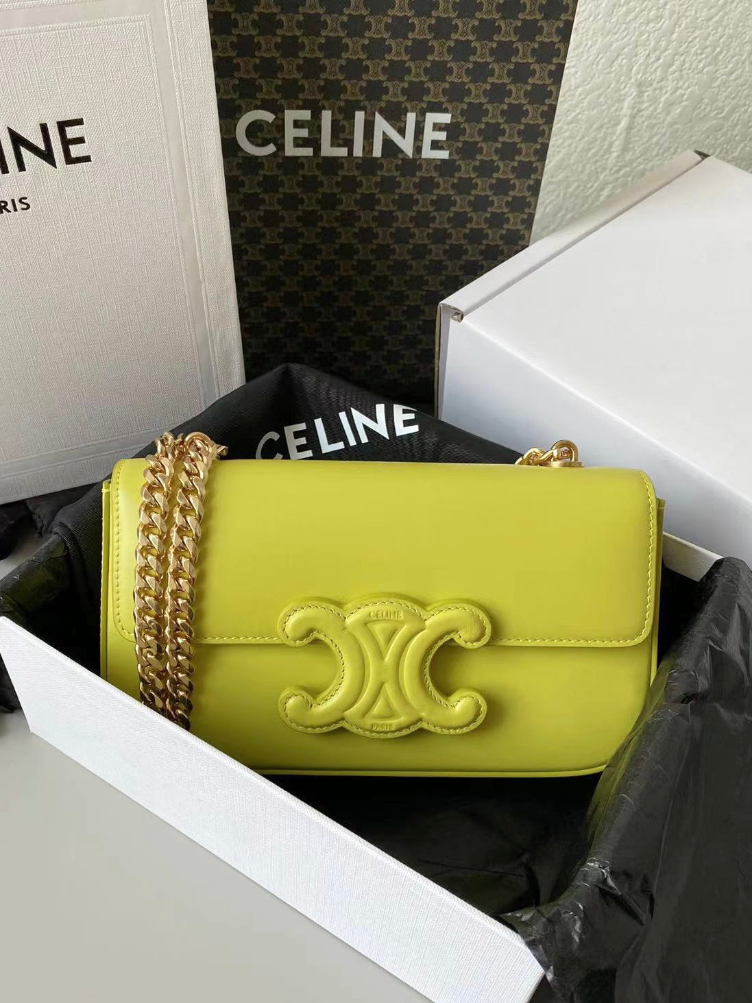 20 Chain Embossed Armpit Bag Chartreuse Yellow Calfskin
