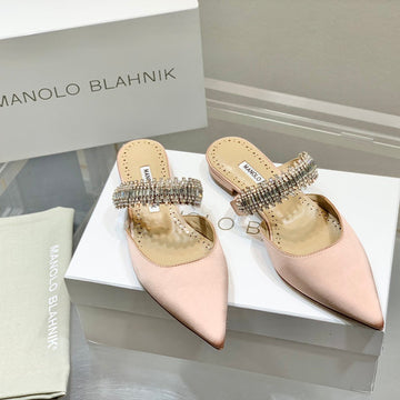 Manolo Flats Mules Diamond Buckle Pink Nude Silk Satin 327488