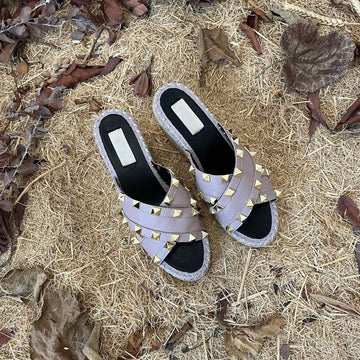 Rockstud Crisscross Espadrilles 80MM Sandal Wedges Black Purple
