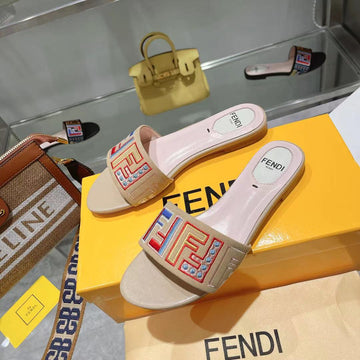 Ff Multicolor Logo Slide Pink Light Brown Leather
