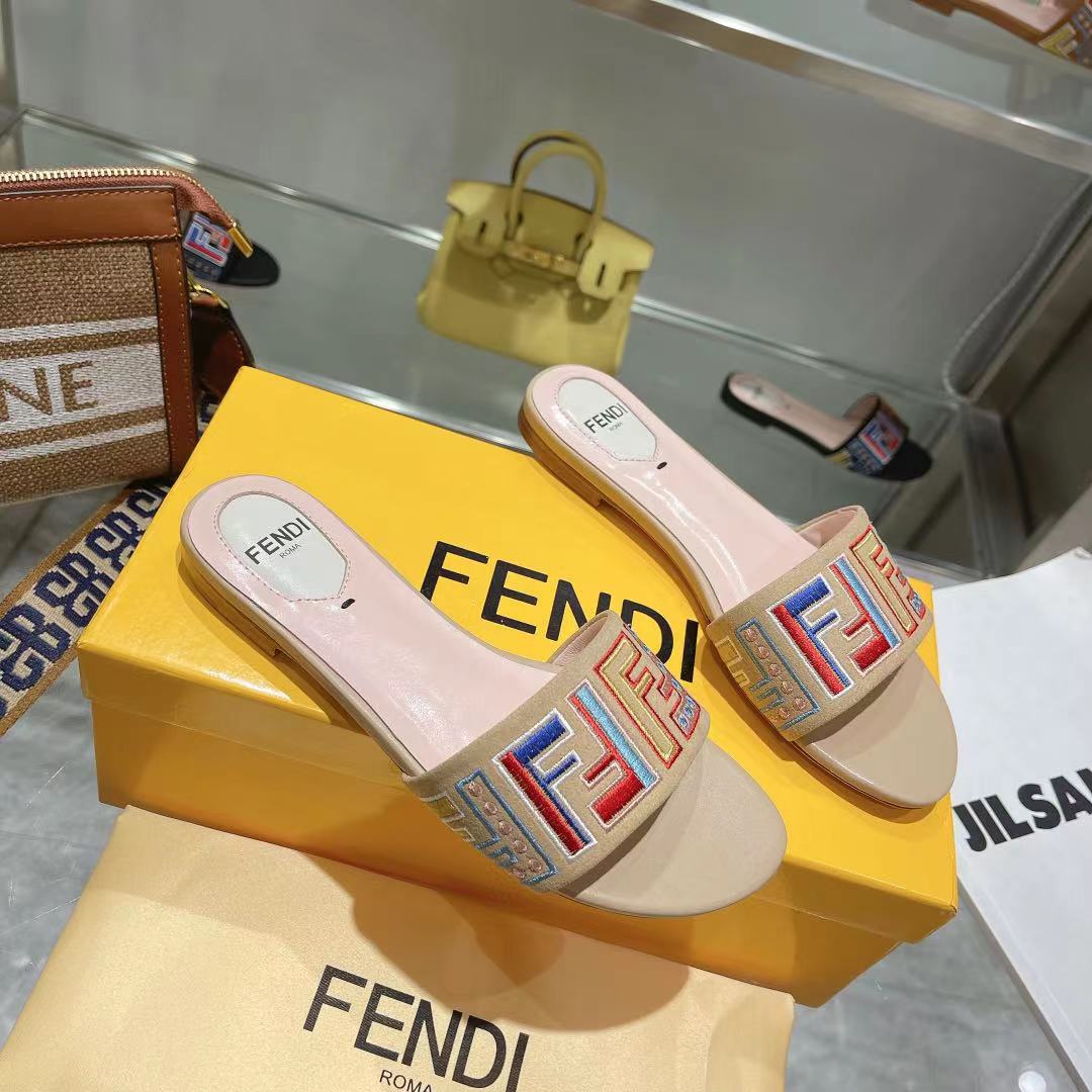 Ff Multicolor Logo Slide Pink Light Brown Leather