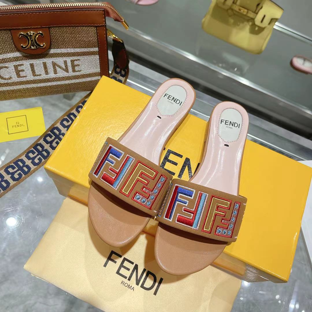 Ff Multicolor Logo Slide Pink Tan Leather