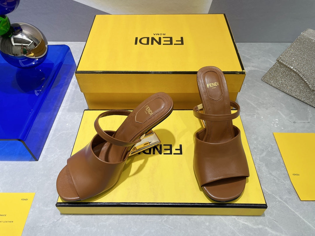 Fendi First 95 Mm High-Heeled Sandal In Sepia Brown Lambskin Gold Hardware