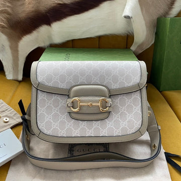 GG Horsebit 1955 Saddle Bag 25 In White Canvas And Beige Calfskin