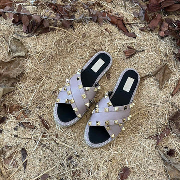 Rockstud Crisscross Espadrilles 20MM Sandal Wedges Black Purple