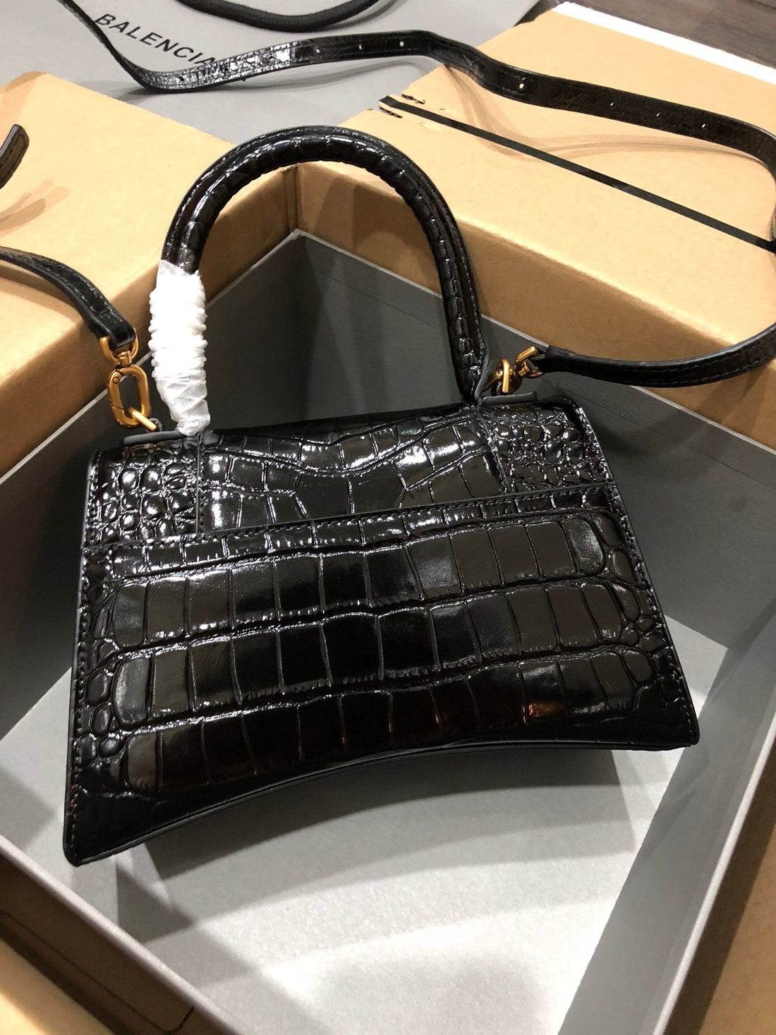Balenciaga Hourglass Bag Black Crocodile Skin 536051