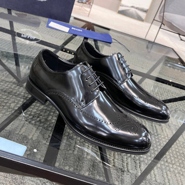 Pra Brushed Black Leather Derby Brogue Shoes
