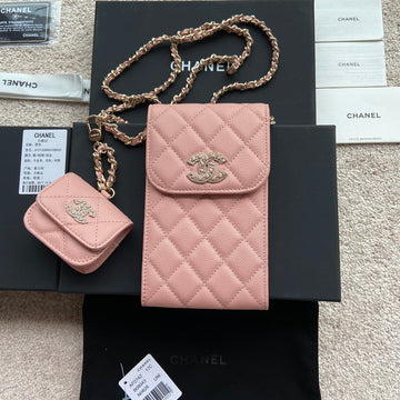 CC Phone Holder Pale & Air Pod Bag Pink Caviar Diamond Hardware 229778
