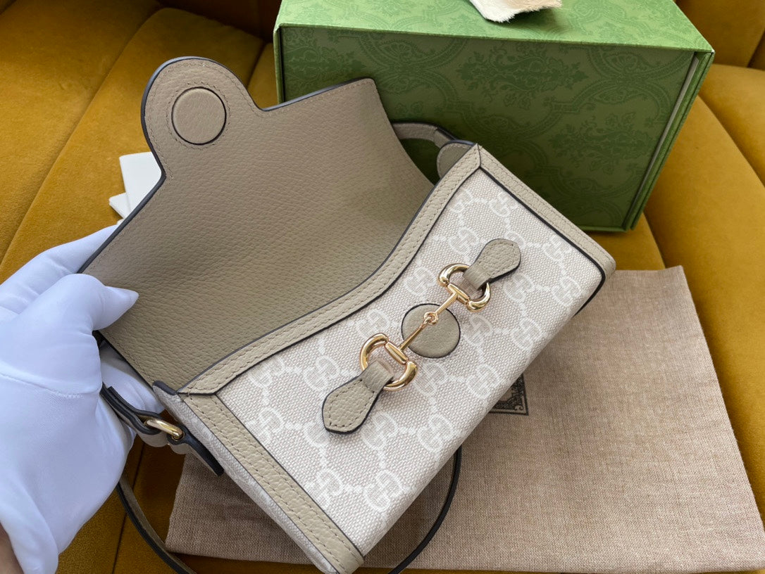 GG Horsebit 1955 Mini 18 Bag White Canvas And Beige Calfskin