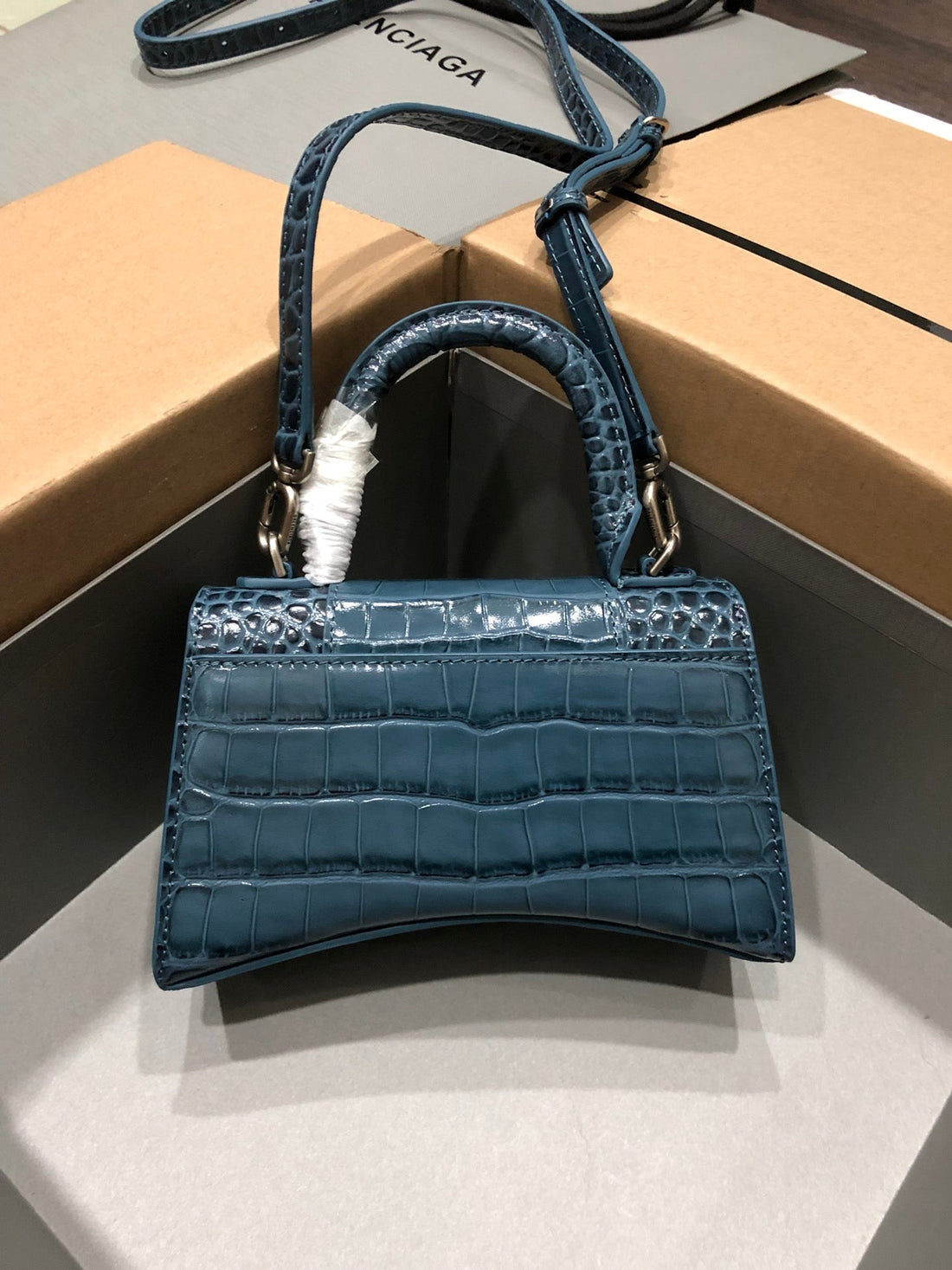 Balenciaga Hourglass Bag Dark Blue Crocodile Skin