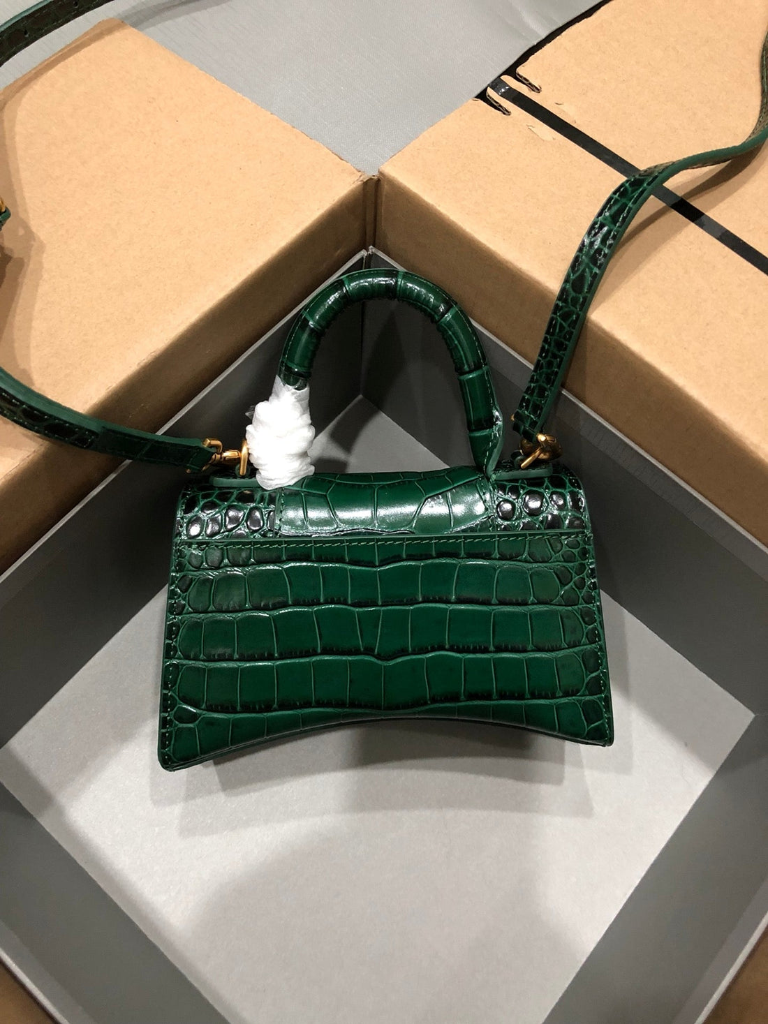 Balenciaga Hourglass Bag Dark Green Crocodile Skin