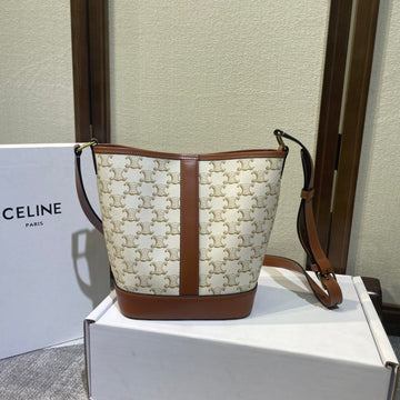 Bucket 30 In White Triomphe Canvas And Red Brown Calfskin Trim