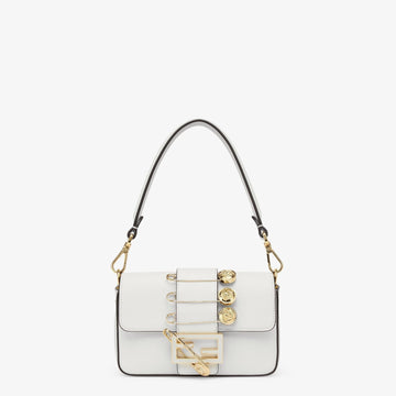 Fendi Fendace Brooch Mini 20 Baguette Bag In White Calfskin