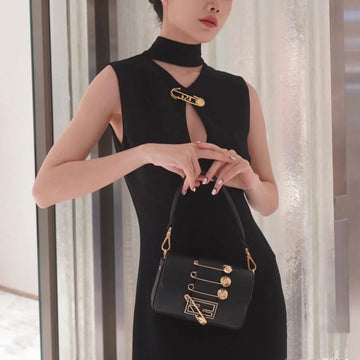 Fendi Fendace Brooch Mini 20 Baguette Bag In Black Calfskin