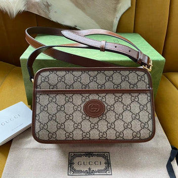 Bag With Interlocking G 22 In Beige Ebony Canvas And Brown Calfskin Trim