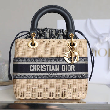 Lady 24 Basket Bag In Black Oblique Jacquard Mix Beige Wicker