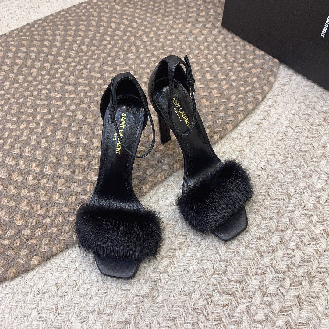 High Heels Square Toe In Black Mink Fur