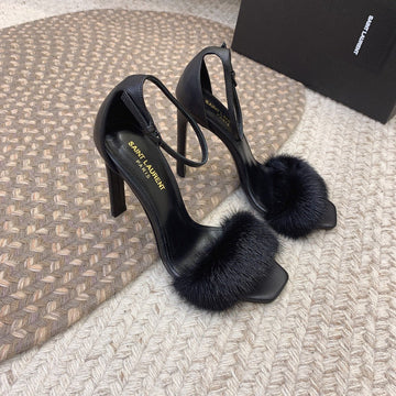 High Heels Square Toe In Black Mink Fur