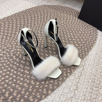 High Heels Square Toe In White Mink Fur