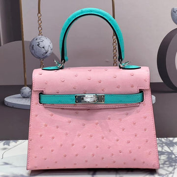 Kelly Bag 20 In Flamingo Pink Mix Cyan Blue Ostrich Leather With Silver Hardware (made - To - Oder)