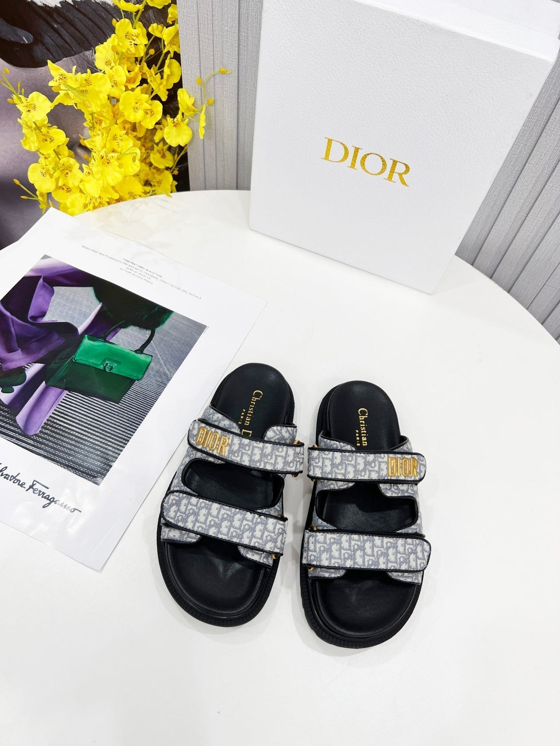 CD Dioract Dad Sandal Mule Grey Embroidered Cotton