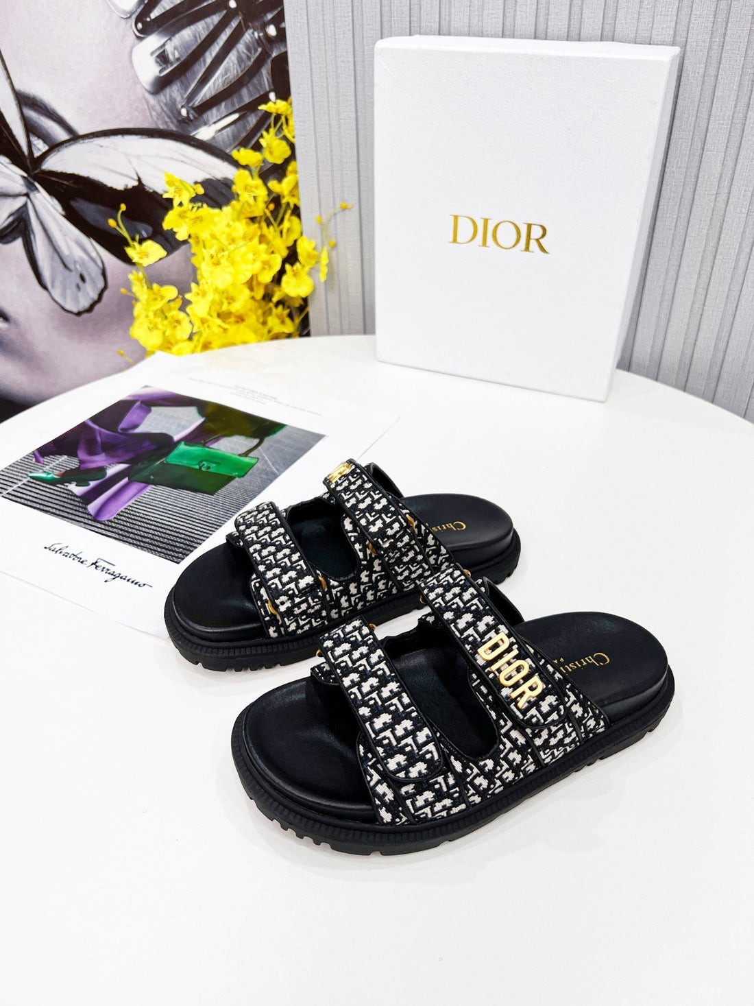 CD Dioract Dad Sandal Mule Black Embroidered Cotton