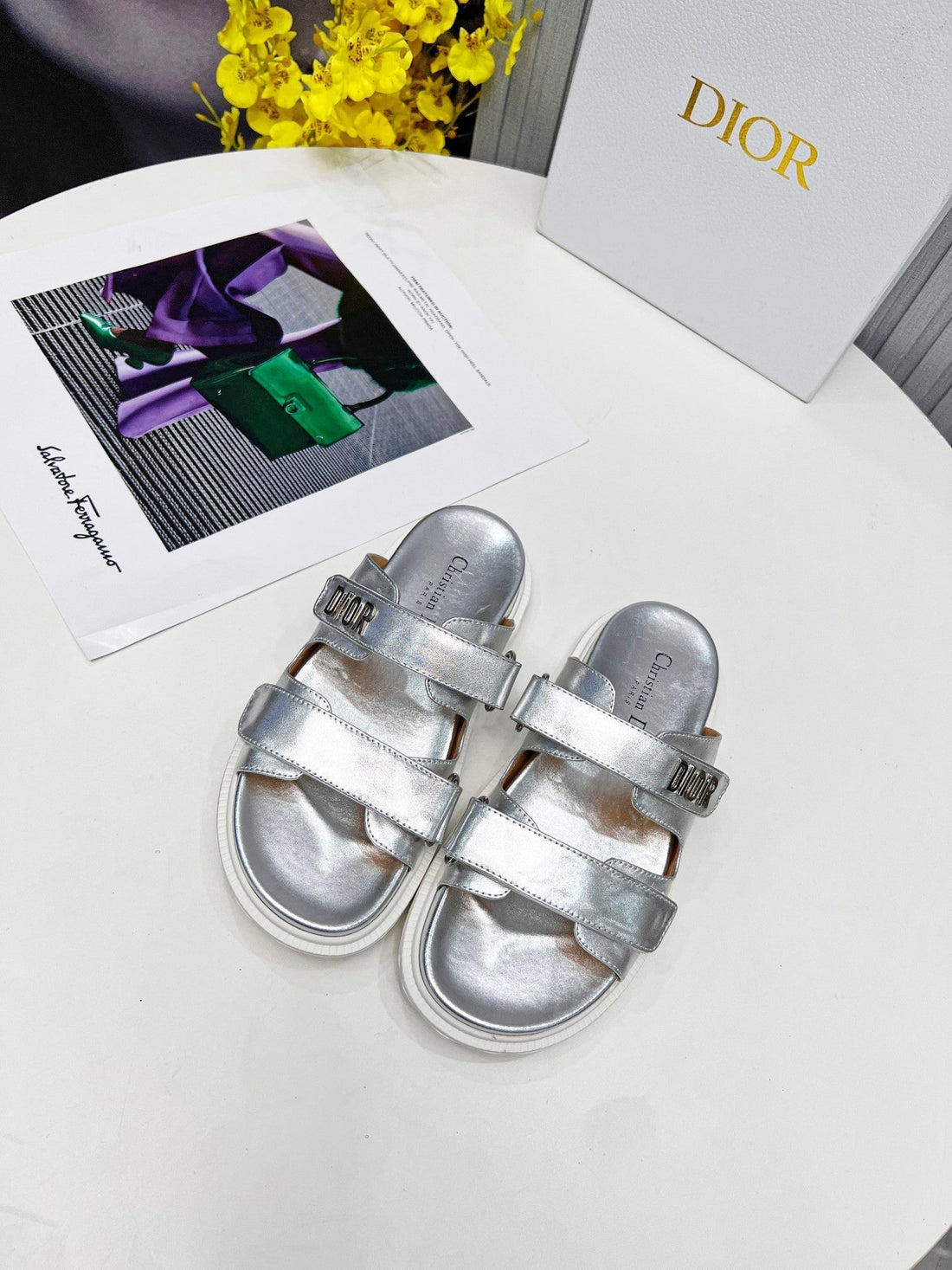 CD Dioract Dad Sandal Mule Silver Metalic Lambskin