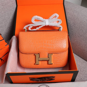 HM Constance 23 Orange Crocodile Embossed Calfskin Gold Hardware