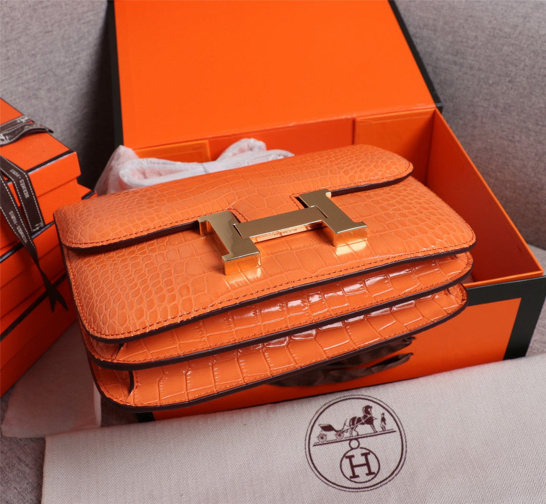 HM Constance 23 Orange Crocodile Embossed Calfskin Gold Hardware