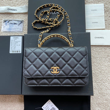 CC Woc 20CM Top Handle Black Grained Calfskin Gold Hardware