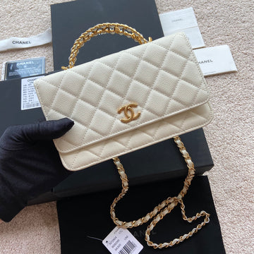 CC Woc 20CM Top Handle White Grained Calfskin Gold Hardware
