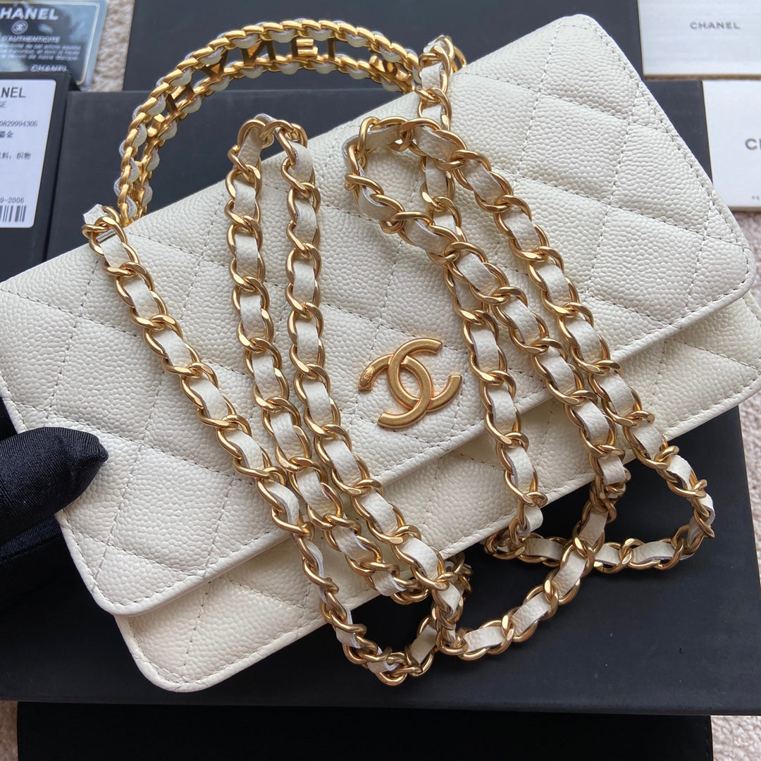 CC Woc 20CM Top Handle White Grained Calfskin Gold Hardware