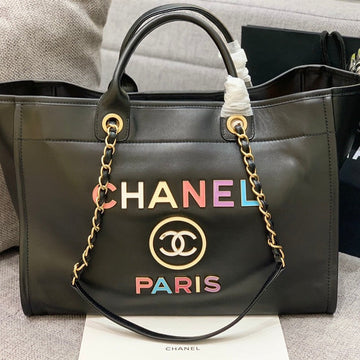 CC Deauville Tote Bag 39CM Black Calfskin Multicolor Logo