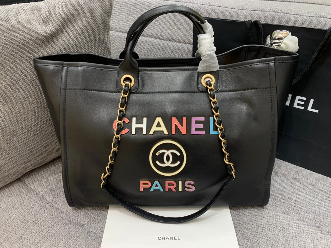 CC Deauville Tote Bag 39CM Black Calfskin Multicolor Logo