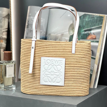 Small Square 28 Basket Bag In Raffia And White Calfskin