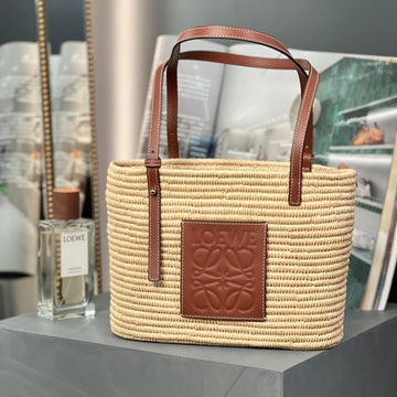 Small Square 28 Basket Bag In Raffia And Calfskin