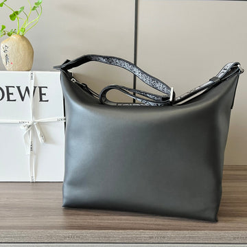 Loew Unisex Cubi Shoulder Crossbody Zipper Commuter Tote Bag Black Smooth Calfskin