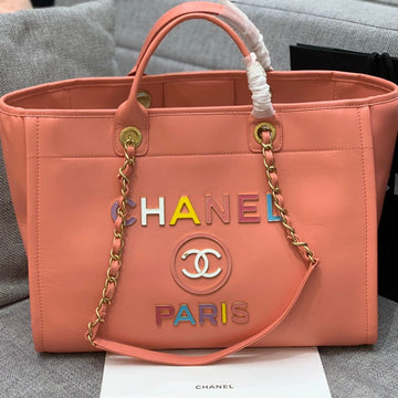 CC Deauville Tote Bag 39CM Orange Calfskin Multicolor Logo