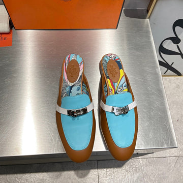 0Z Mule Caramel And Sky Calfskin With Pattern
