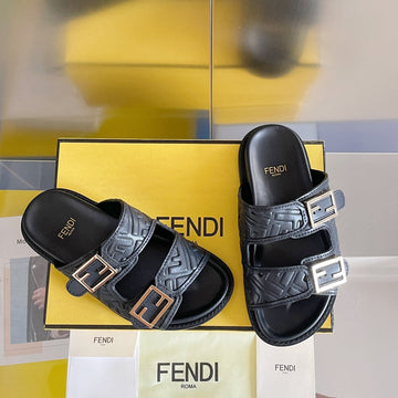 Fendi Baguette Dad Sandals In Black Embossed Calfskin With Gold Hardware