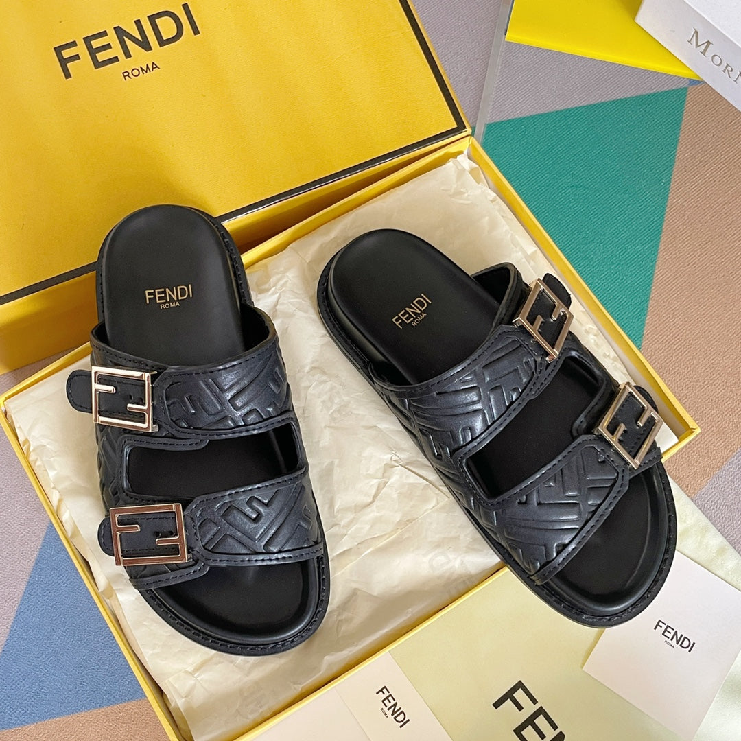 Fendi Baguette Dad Sandals In Black Embossed Calfskin With Gold Hardware