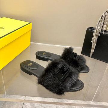 Fendi Baguette Mink Slide Slipper In Black Fur