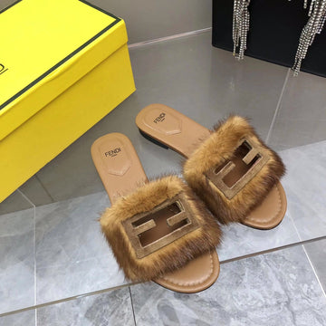 Fendi Baguette Mink Slide Slipper In Sepia Brown Fur