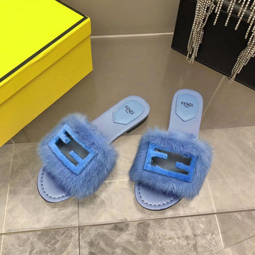 Fendi Baguette Mink Slide Slipper In Electric Blue Fur
